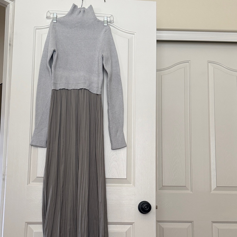 Anthropologie Two-Tone Grey Knit Top with Pleated Taupe Skirt Dress
